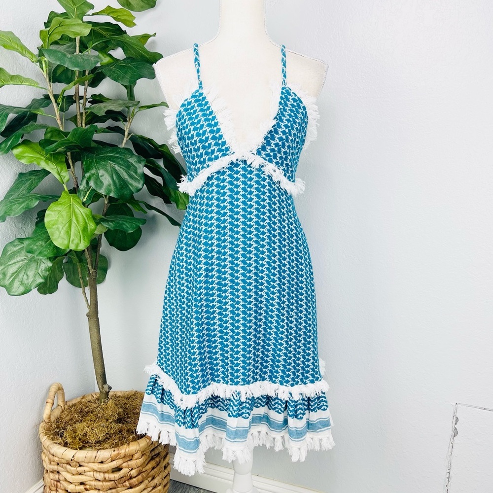 DODO BAR OR Blue Tassel white Halter Circle Mini Dress